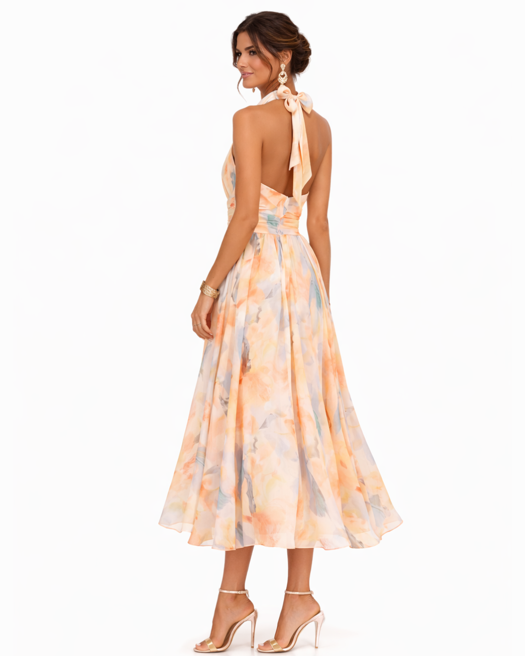 Aurora: vestido con escote halter y estampado acuarela