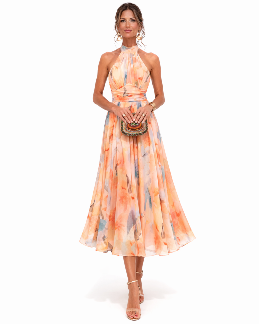 Aurora: vestido con escote halter y estampado acuarela