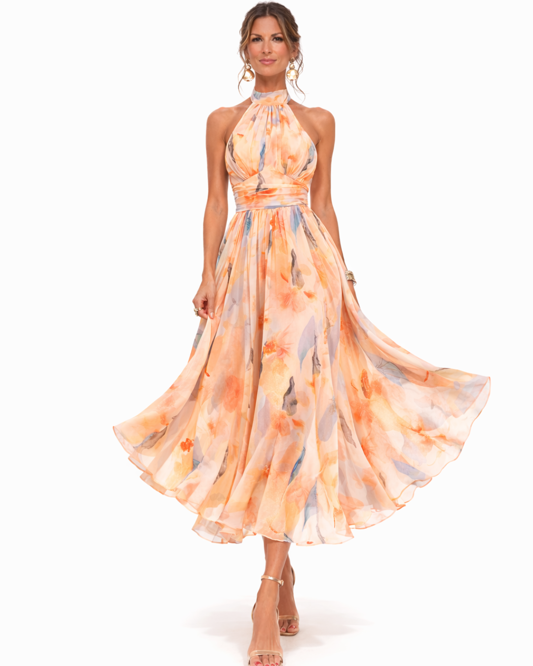 Aurora: vestido con escote halter y estampado acuarela