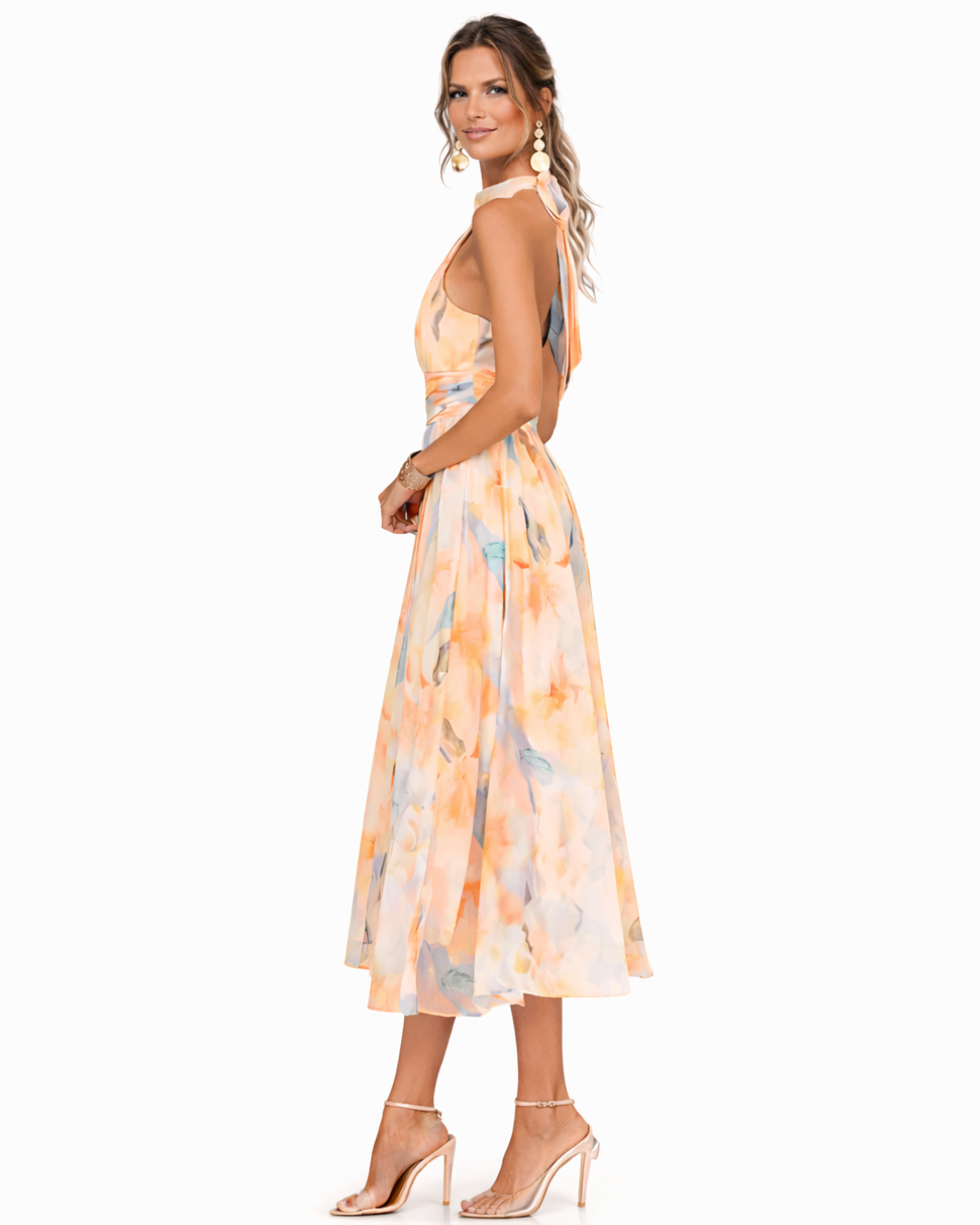 Aurora: vestido con escote halter y estampado acuarela