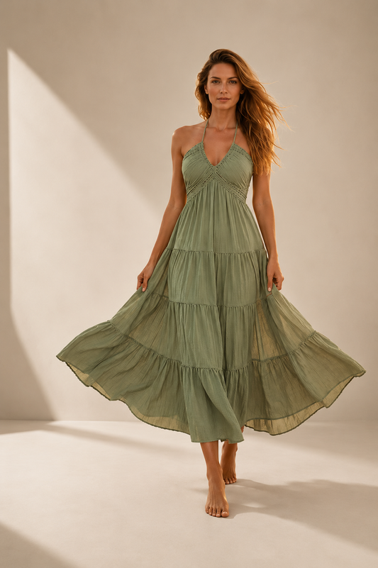 Vestido largo de mujer con cuello halter y espalda descubierta – De varias piezas, fluido, estilo resort