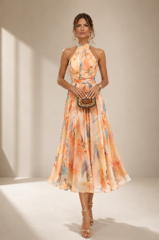 Aurora: vestido con escote halter y estampado acuarela