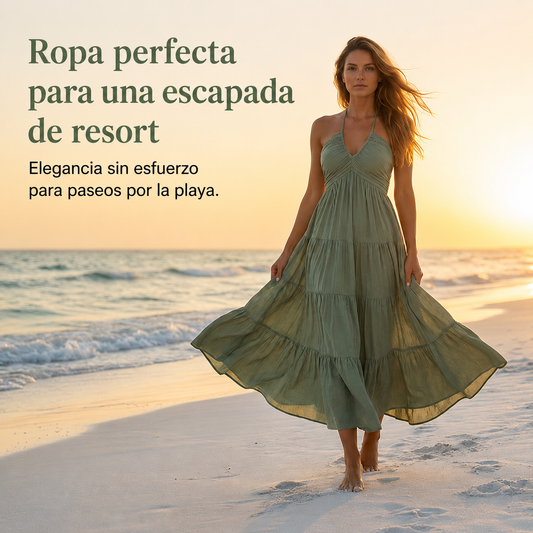 Vestido largo de mujer con cuello halter y espalda descubierta – De varias piezas, fluido, estilo resort