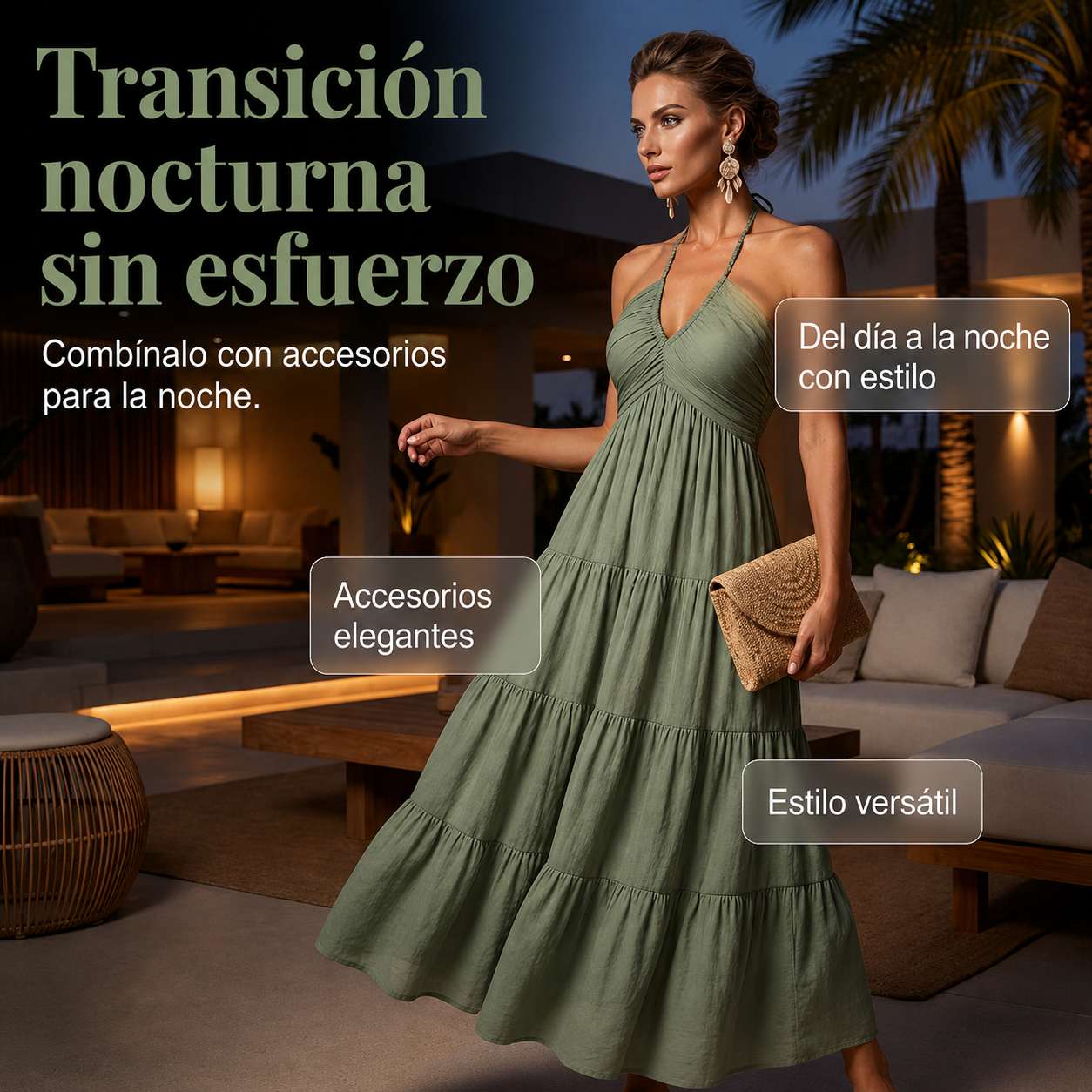 Vestido largo de mujer con cuello halter y espalda descubierta – De varias piezas, fluido, estilo resort