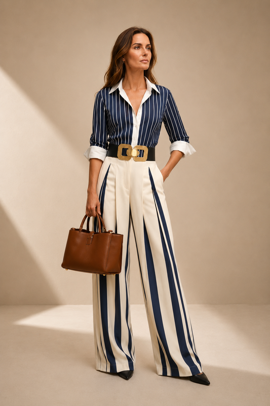 Conjunto de camiseta a rayas y pantalones anchos: cómodo y elegante para el día a día