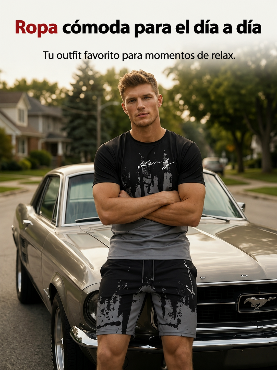 Conjunto para hombre compuesto por una camiseta con estampado gráfico y unos pantalones cortos: