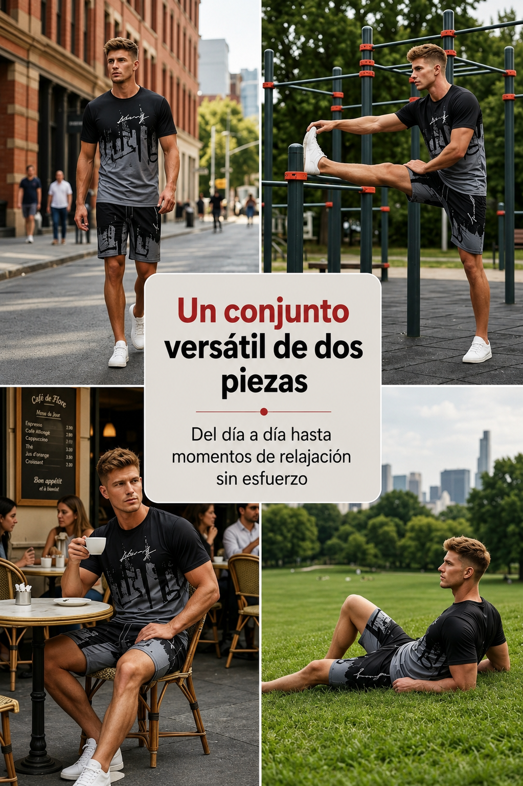 Conjunto para hombre compuesto por una camiseta con estampado gráfico y unos pantalones cortos: