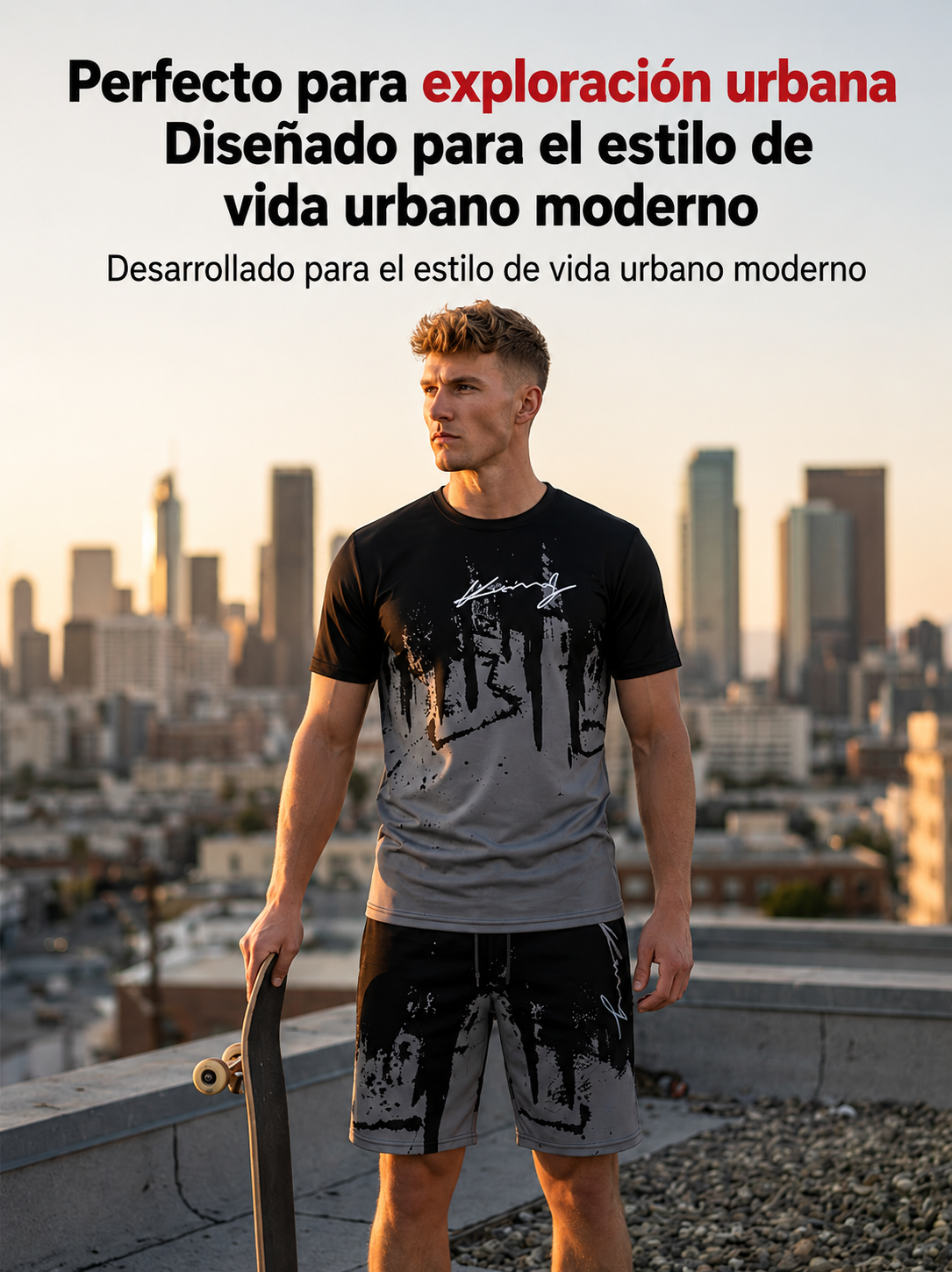 Conjunto para hombre compuesto por una camiseta con estampado gráfico y unos pantalones cortos: