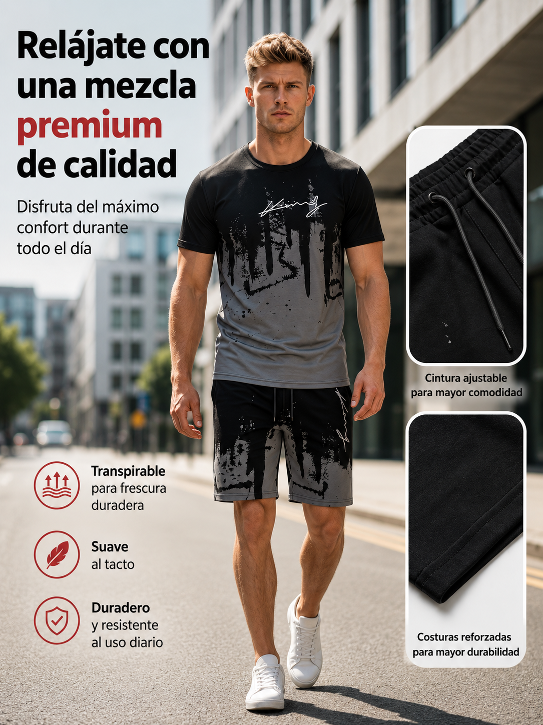 Conjunto para hombre compuesto por una camiseta con estampado gráfico y unos pantalones cortos:
