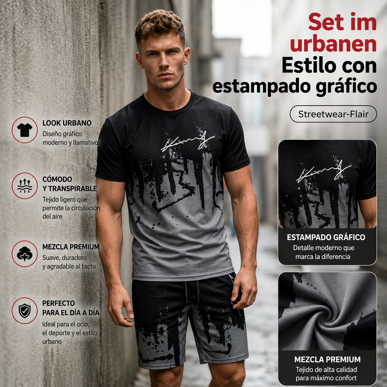 Conjunto para hombre compuesto por una camiseta con estampado gráfico y unos pantalones cortos: