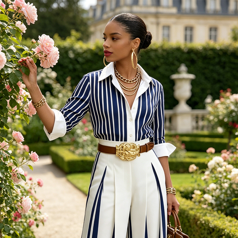 Conjunto de camiseta a rayas y pantalones anchos: cómodo y elegante para el día a día