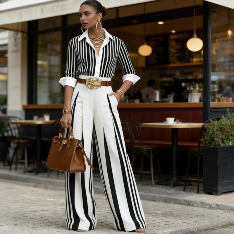 Conjunto de camiseta a rayas y pantalones anchos: cómodo y elegante para el día a día