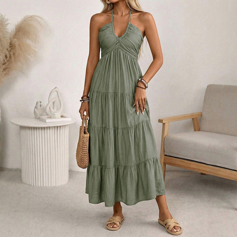 Vestido largo de mujer con cuello halter y espalda descubierta – De varias piezas, fluido, estilo resort