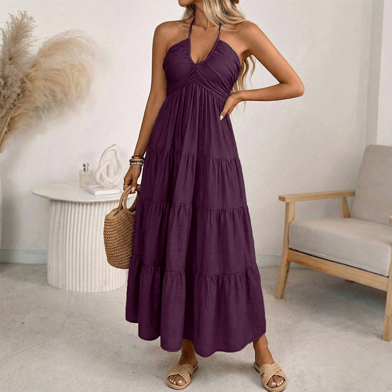 Vestido largo de mujer con cuello halter y espalda descubierta – De varias piezas, fluido, estilo resort