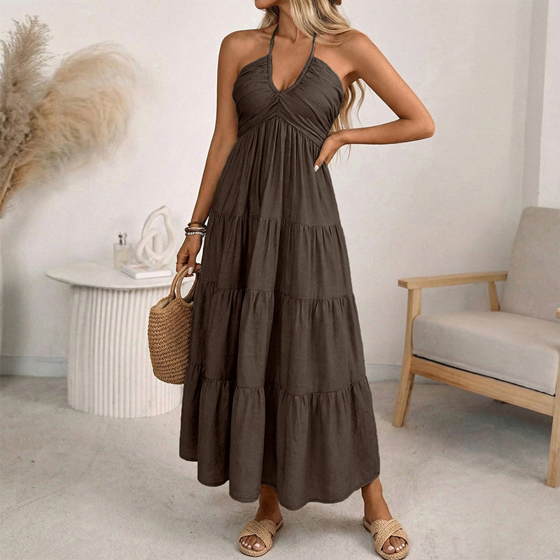 Vestido largo de mujer con cuello halter y espalda descubierta – De varias piezas, fluido, estilo resort