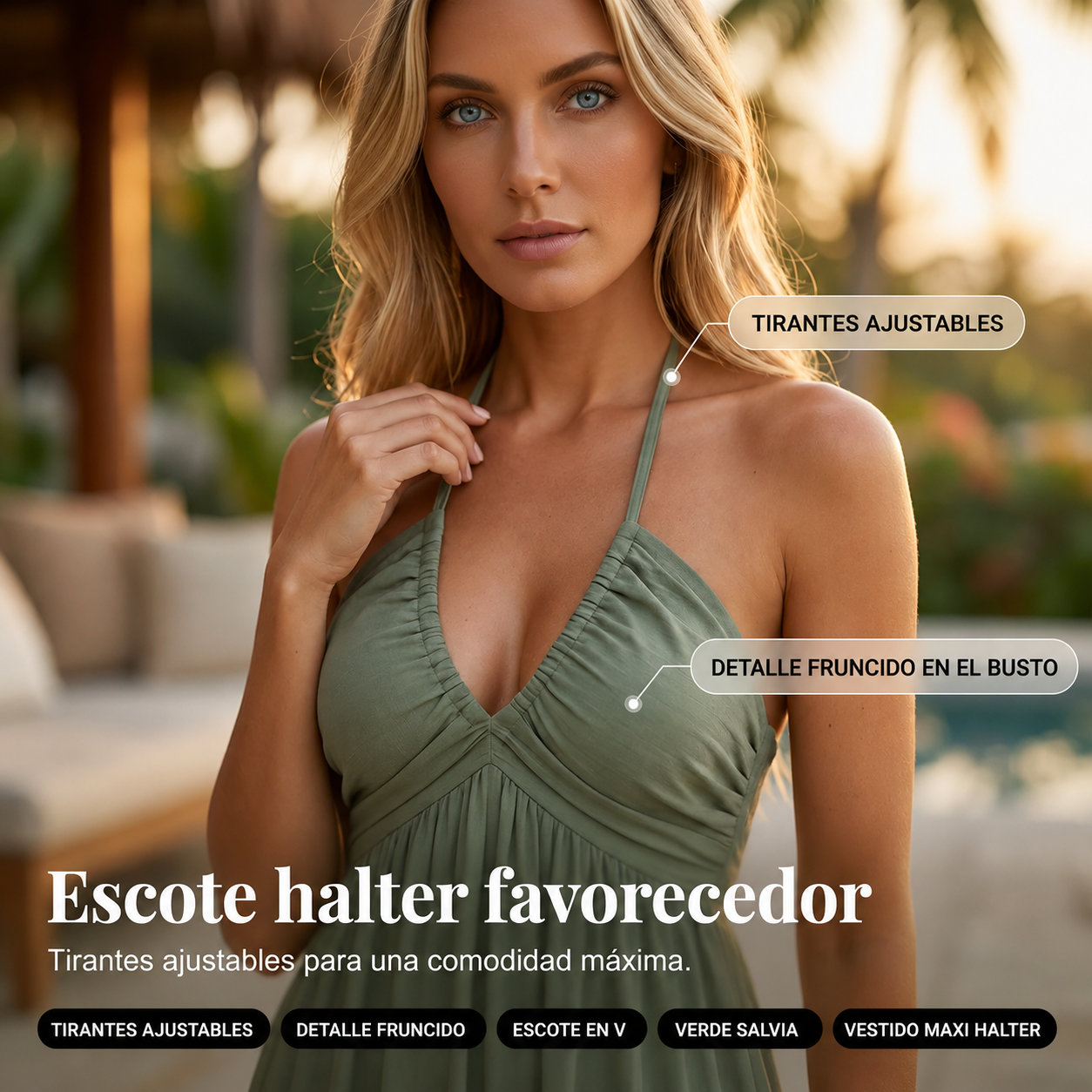 Vestido largo de mujer con cuello halter y espalda descubierta – De varias piezas, fluido, estilo resort