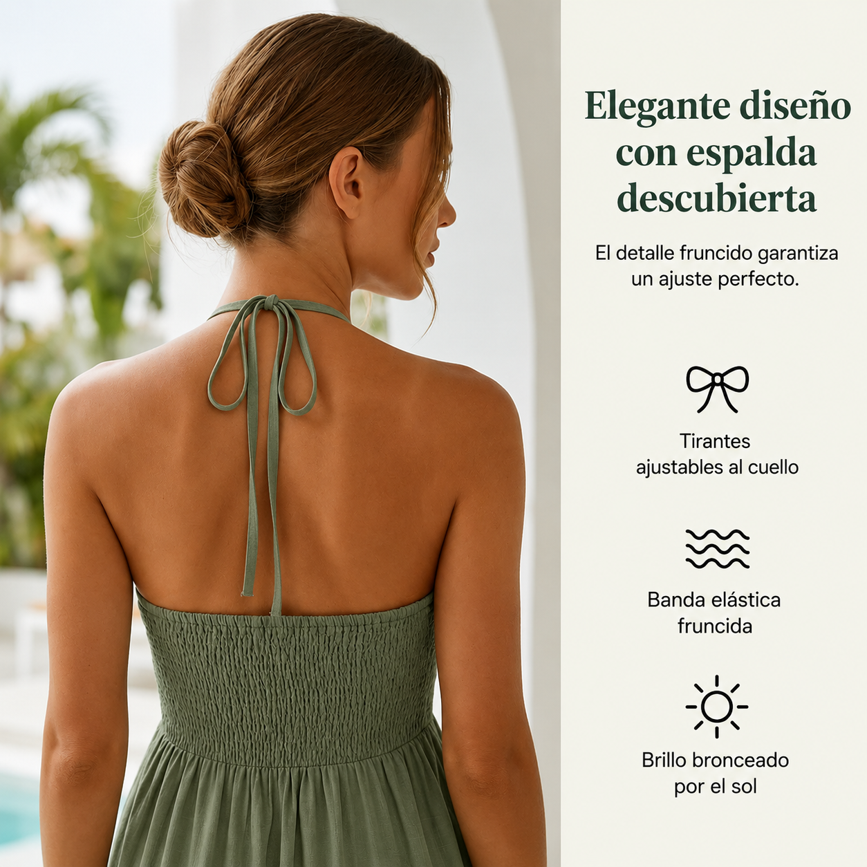 Vestido largo de mujer con cuello halter y espalda descubierta – De varias piezas, fluido, estilo resort