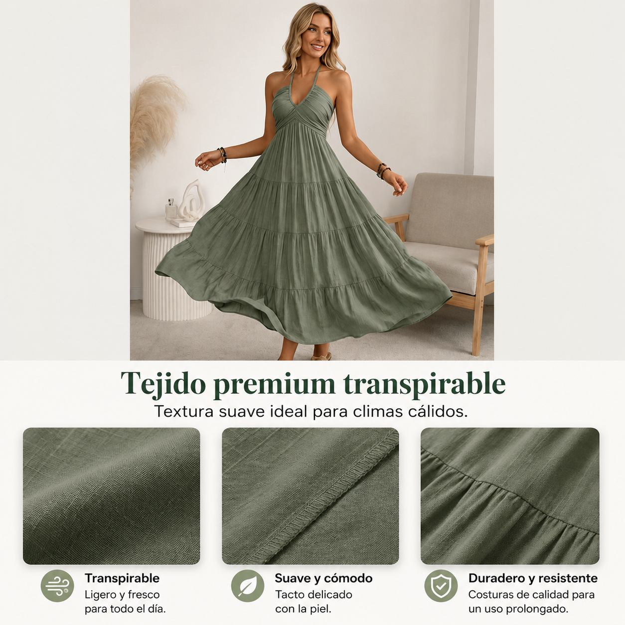 Vestido largo de mujer con cuello halter y espalda descubierta – De varias piezas, fluido, estilo resort