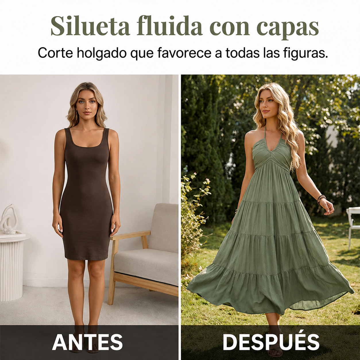 Vestido largo de mujer con cuello halter y espalda descubierta – De varias piezas, fluido, estilo resort