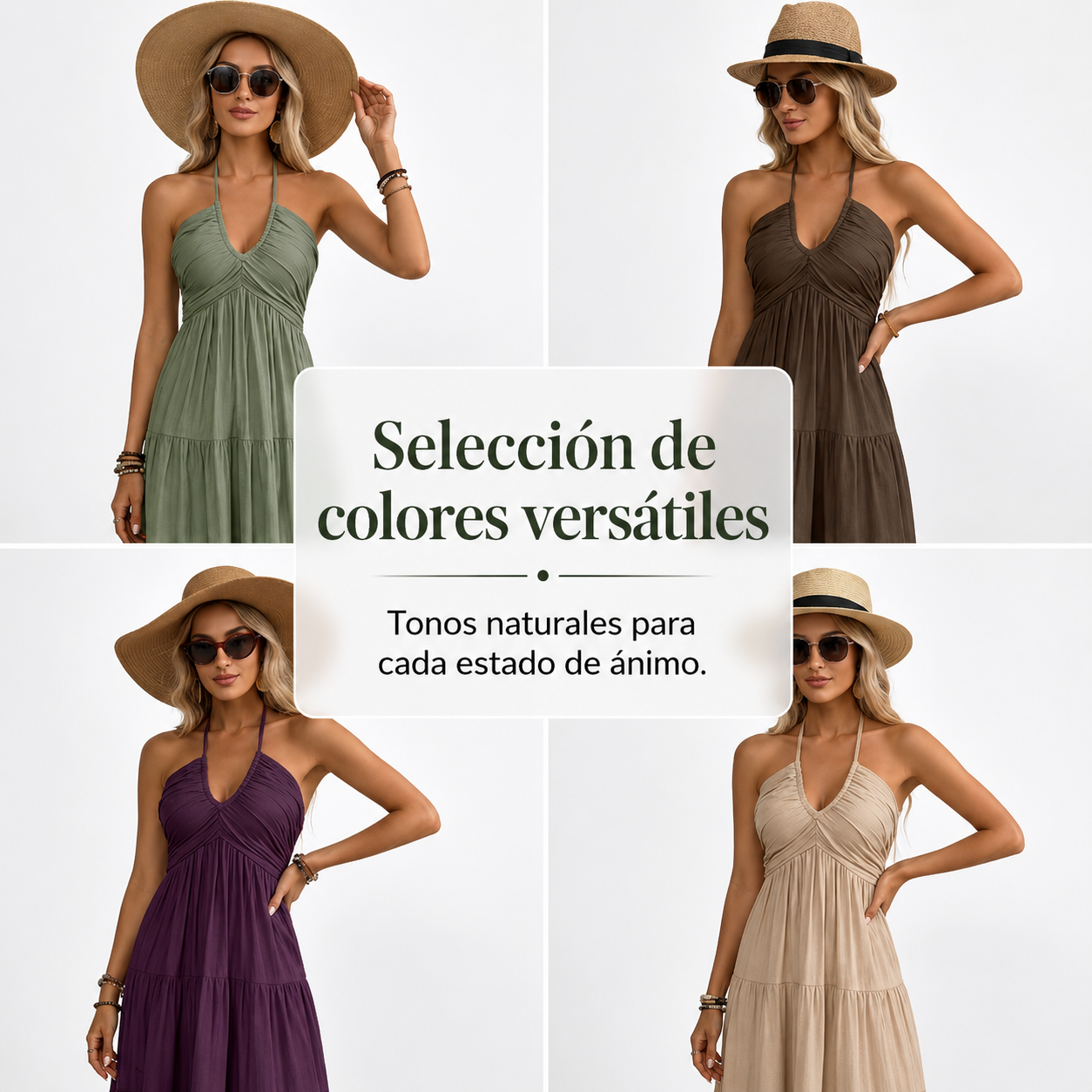 Vestido largo de mujer con cuello halter y espalda descubierta – De varias piezas, fluido, estilo resort